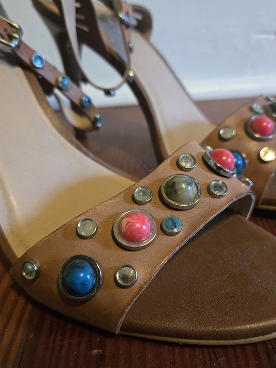 Shoes - Andarella Women's Tan Embellished Sandal Heels